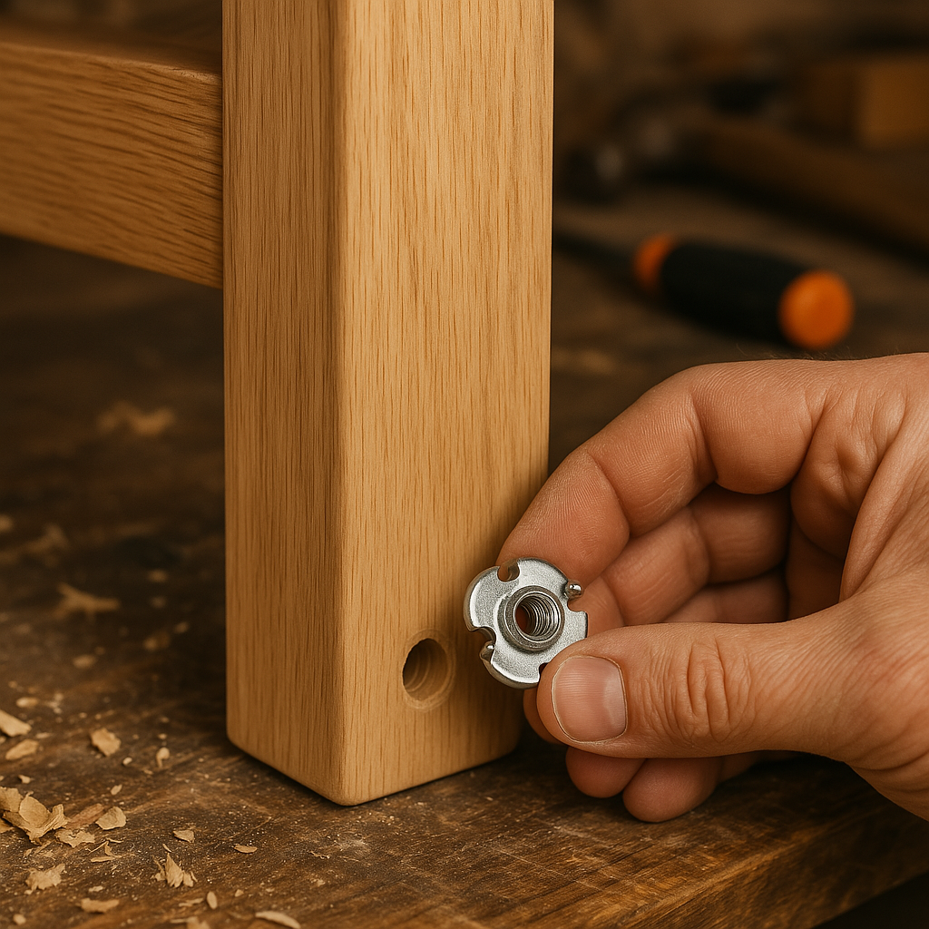 T-Nut being instered into a Wooden Coffee Table