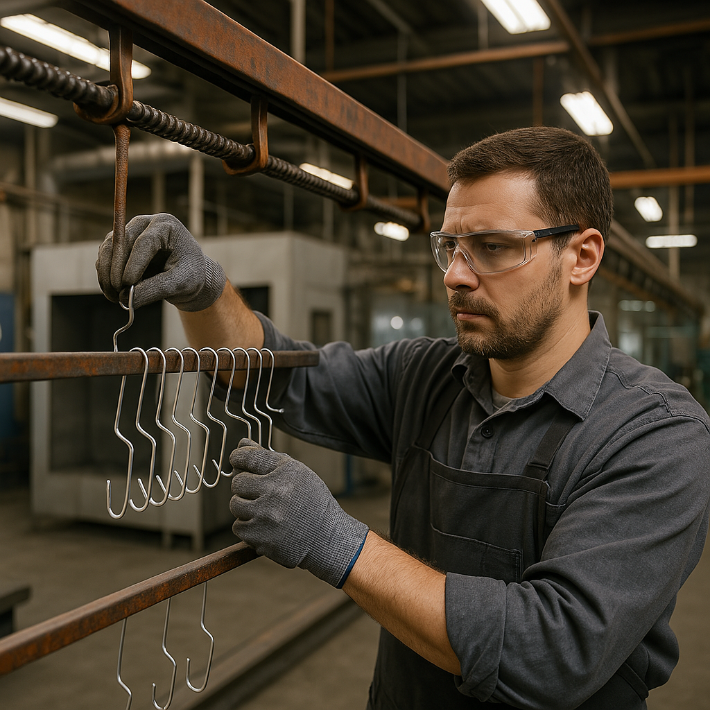 4.	Technician loading masking hooks onto a powder coating rail