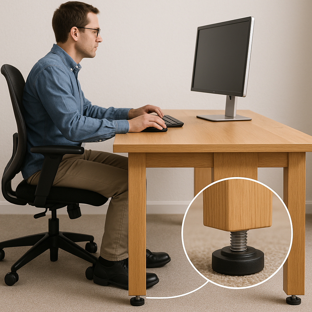 Someone sitting at a Wooden Office Desk which has been levelled by an Adjustable Foot